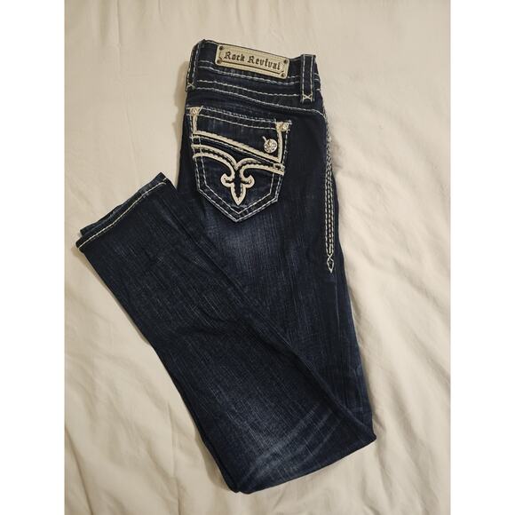 Rock Revival Women’s 26 Straight Jeans Dark Contrast Stitch Embellished Pockets - Picture 1 of 5